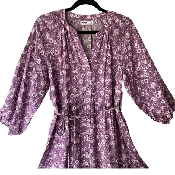 NWT | FLORAL RUFFLE HEM BOHO DRESS BUTTON FRONT TIE WAIST PURPLE | SIZE: SMALL - Picture 2 of 13